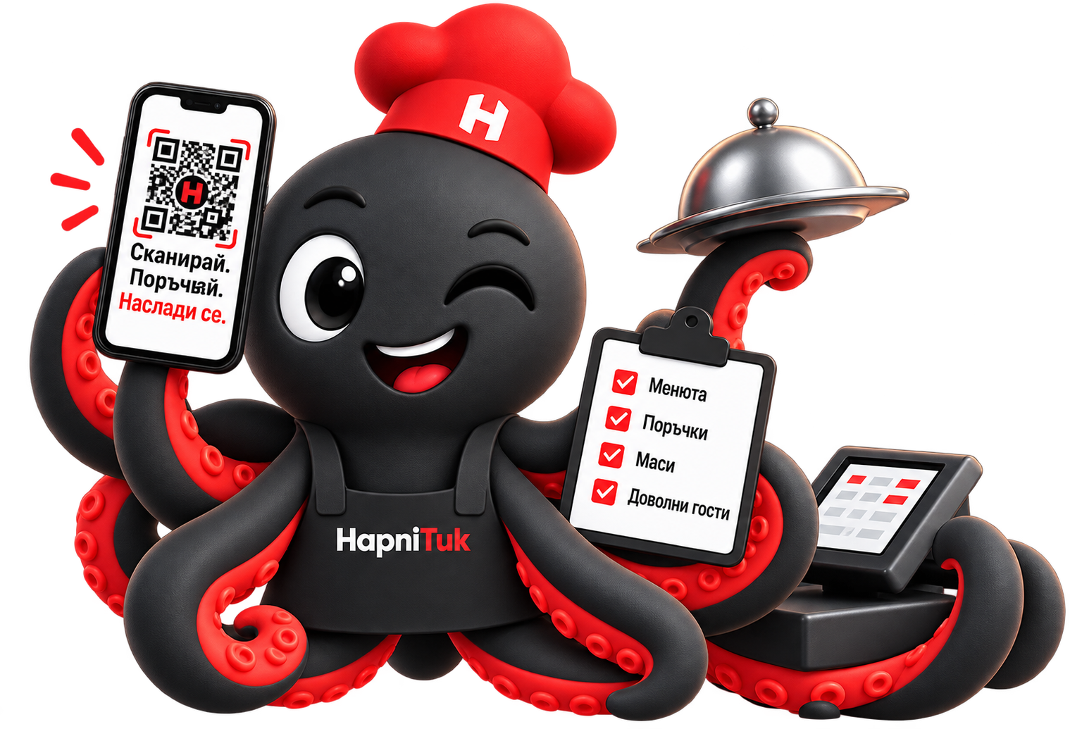 Туки, талисманът на HapniTuk, представя QR менюто